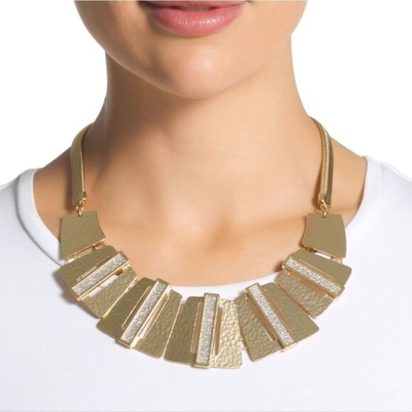 Chicos Lane Bib Statement Necklace Gold Tone Snake Chain - Picture 1 of 7